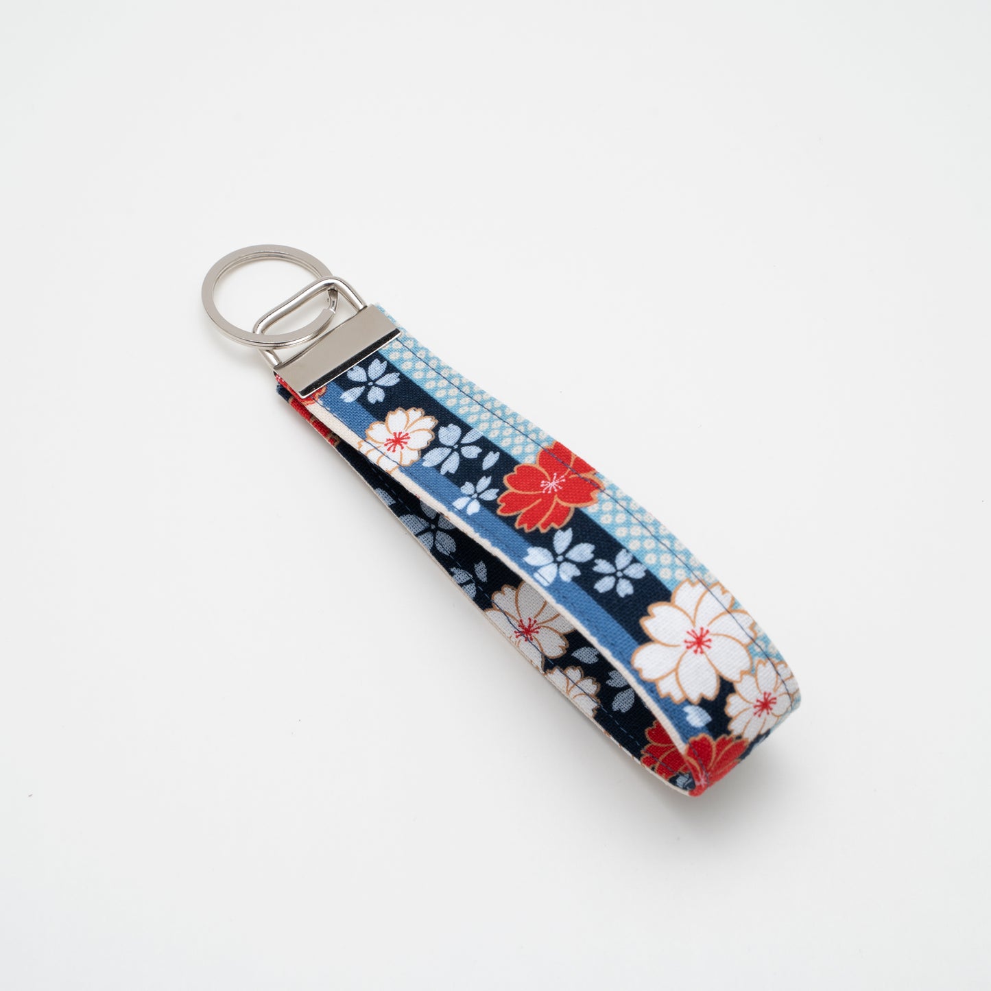 Cotton Wristlet Key Fob (Stripes Cherry Blossom- Blue)