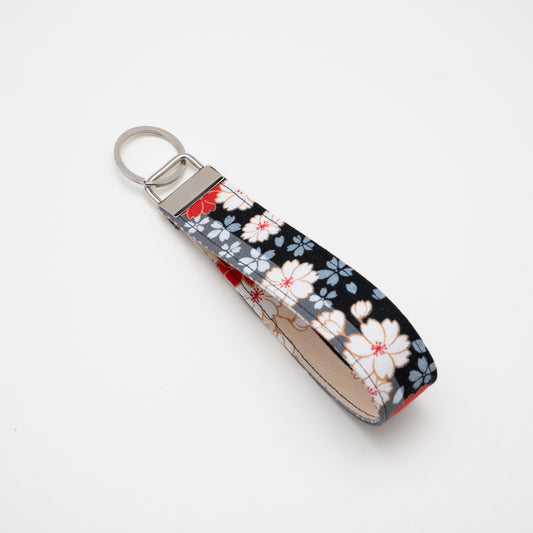 Cotton Wristlet Key Fob (Stripes Cherry Blossom- Black)