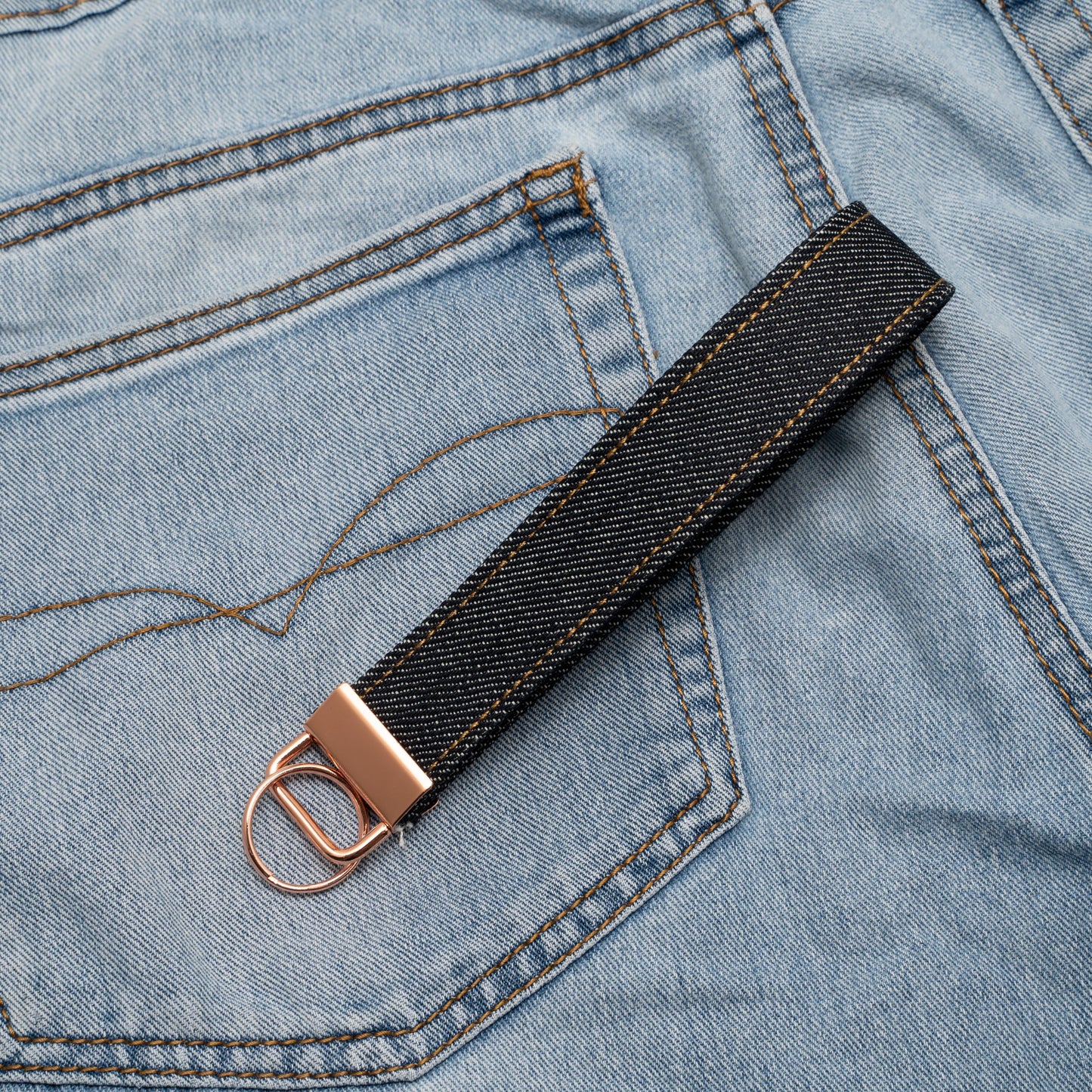 Denim Wristlet Key Fob (Yellow Gradient Thread)