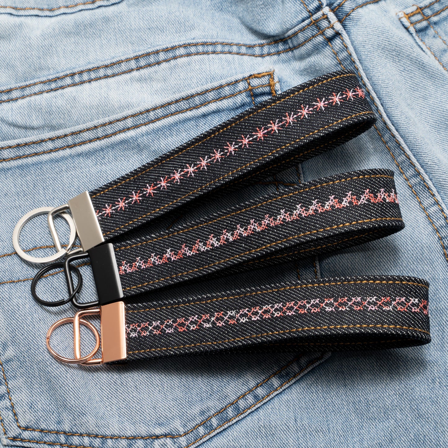 Denim Wristlet Key Fob (Red Gradient Thread)