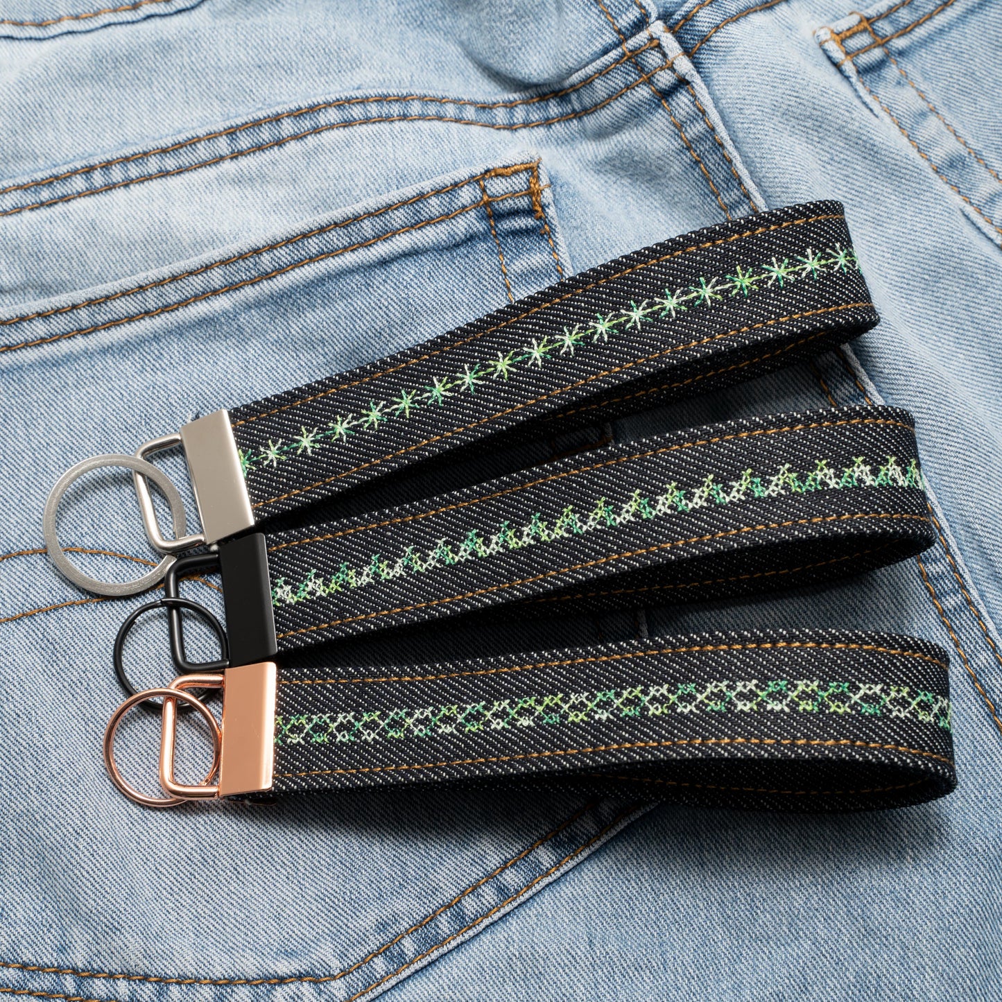 Denim Wristlet Key Fob (Green Gradient Thread)