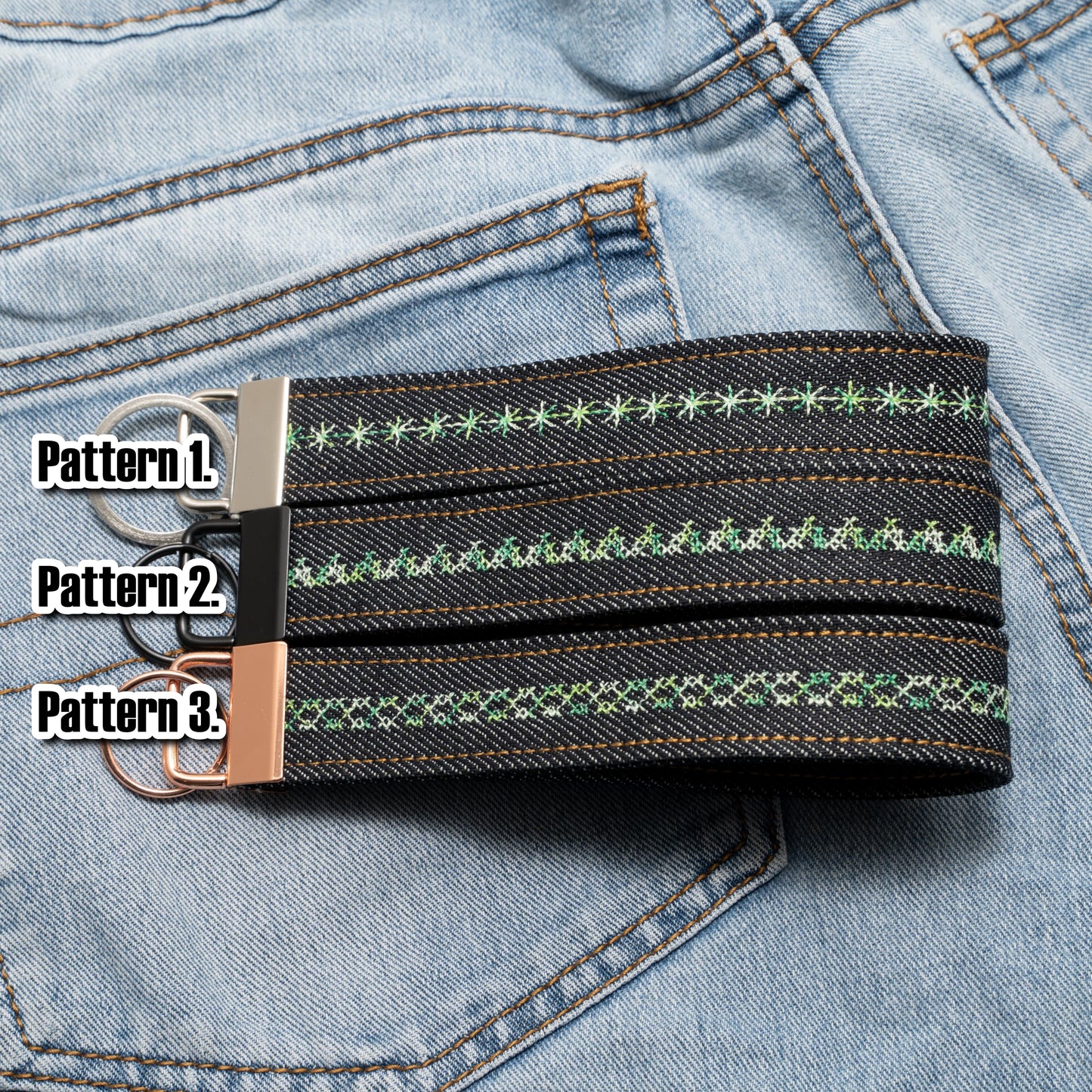 Denim Wristlet Key Fob (Green Gradient Thread)